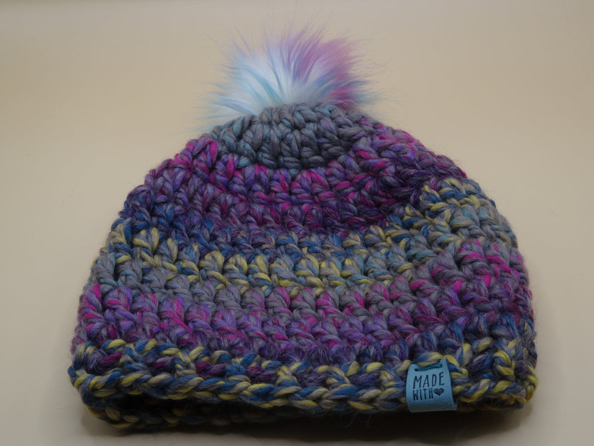 Crocheted Hat - Grey/Fuscia multi-color