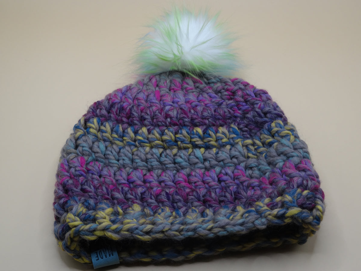 Crocheted Hat - Grey/Fuscia multi-color
